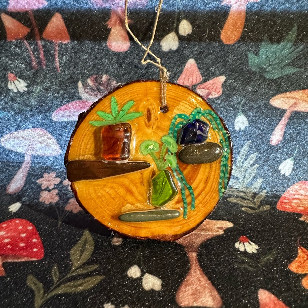 Handcrafted Wooden Ornament with Colorful Accents Resin and Sea Glass